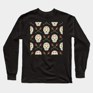 Sugar Skulls and Red Roses Pattern Long Sleeve T-Shirt